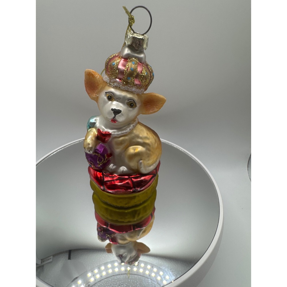 Chihuahua Dog with Crown on Pillow Glass Christmas Ornament Gold Red Glitter